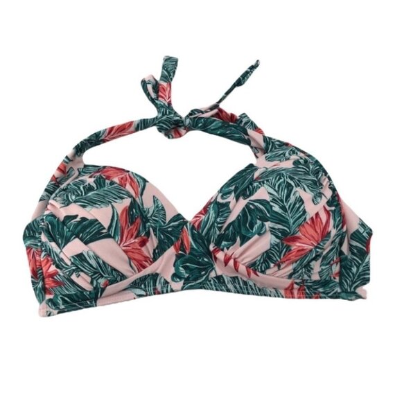 House of Fraser pink green palm floral  bikini top size 12 tie neck - Picture 1 of 16